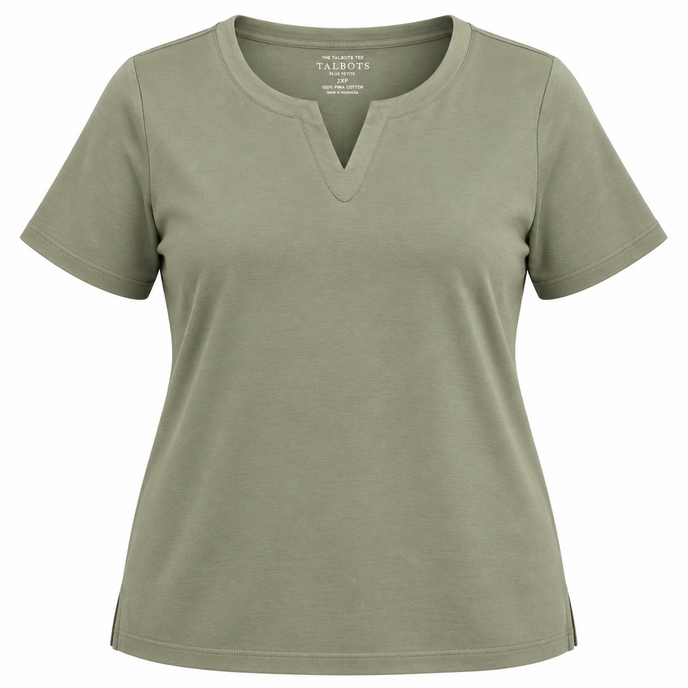 Talbots Women's Plus Petite 2XP Olive Green Pima Cotton Split Neck Tee NWT